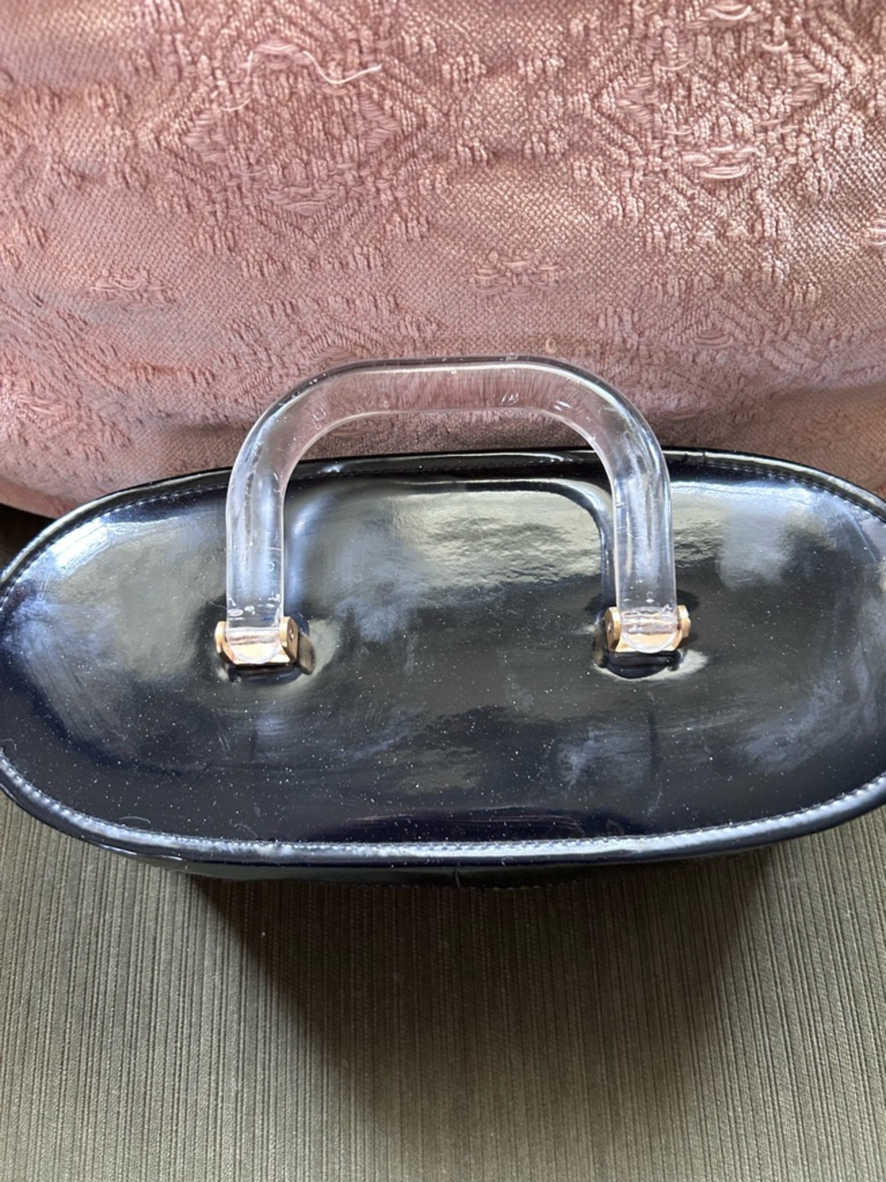 Black Vintage-Style Top Handle Bag with Clear Lucite Handle - Picture 4 of 5